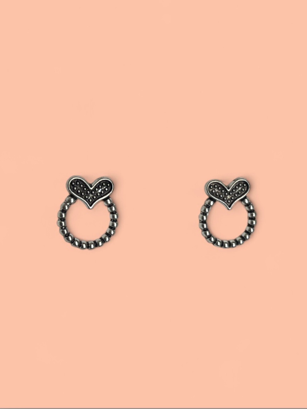 Heart Hoop Stud Earrings in Oxidized Silver